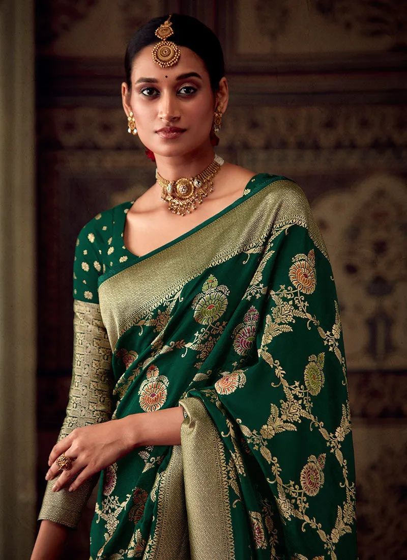 Dark Green Zari Weaved Banarasi Crape Georgette Saree