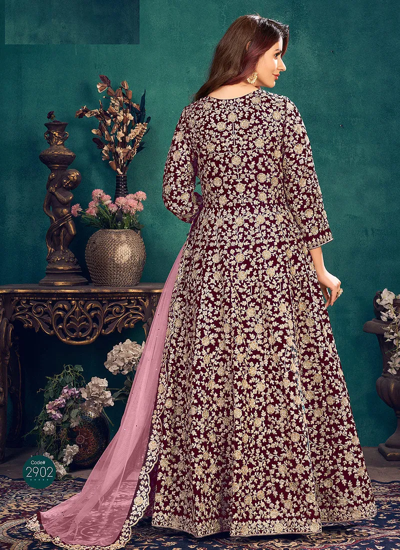 Dark Wine Zari Embellished Wedding Anarkali Suit