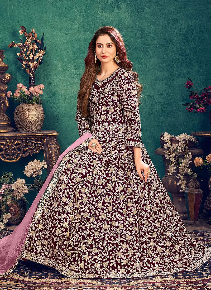 Dark Wine Zari Embellished Wedding Anarkali Suit