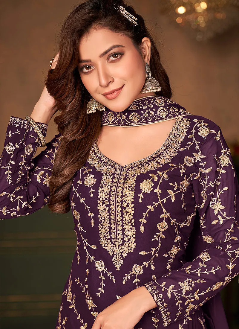 Deep Purple Embroidered Designer Palazzo Suit