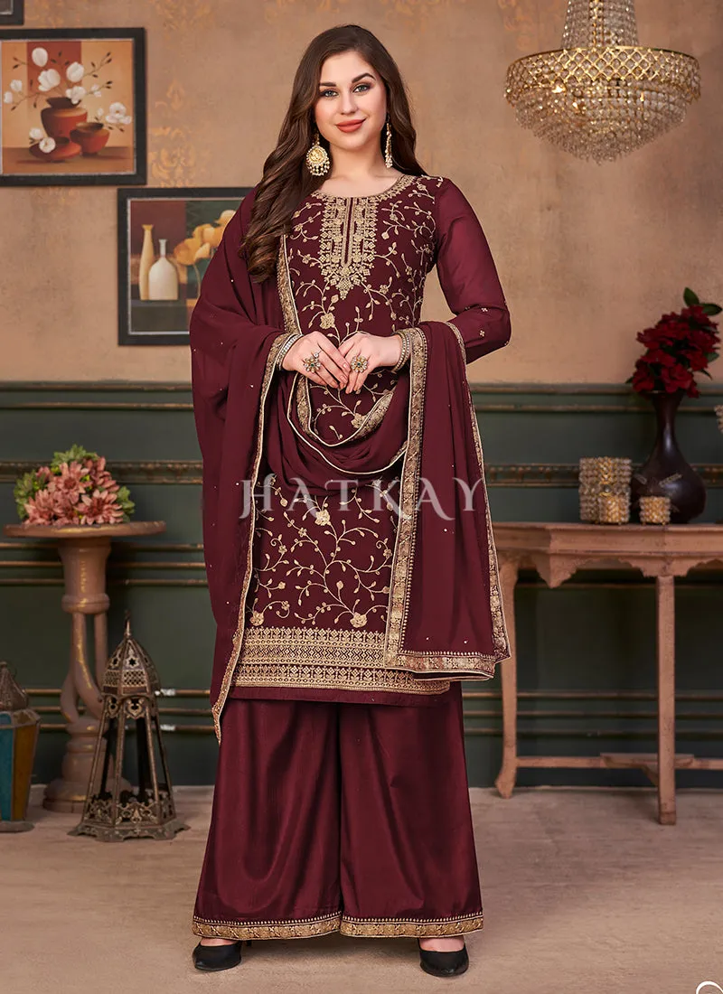 Deep Red Embroidered Georgette Palazzo Suit