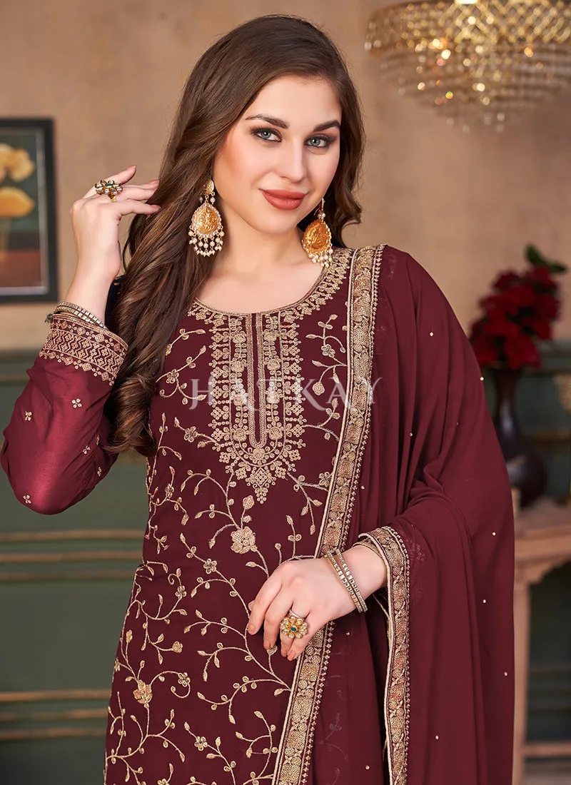 Deep Red Embroidered Georgette Palazzo Suit