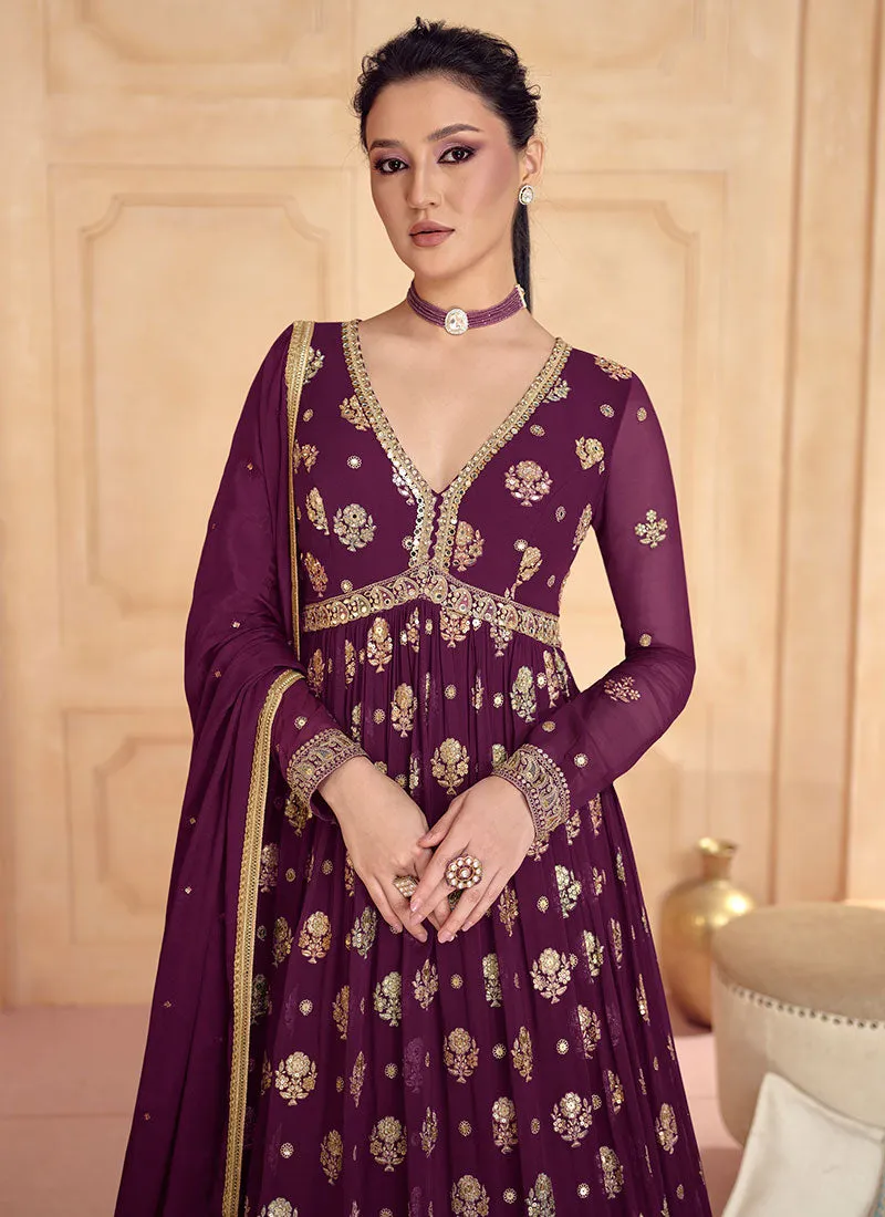 Deep Wine Multi Thread And Sequence Embroidery Anarkali Gown