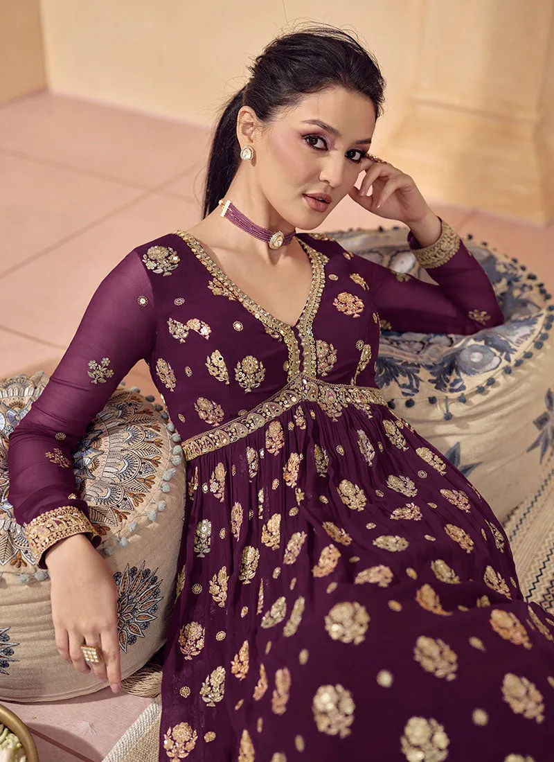 Deep Wine Multi Thread And Sequence Embroidery Anarkali Gown