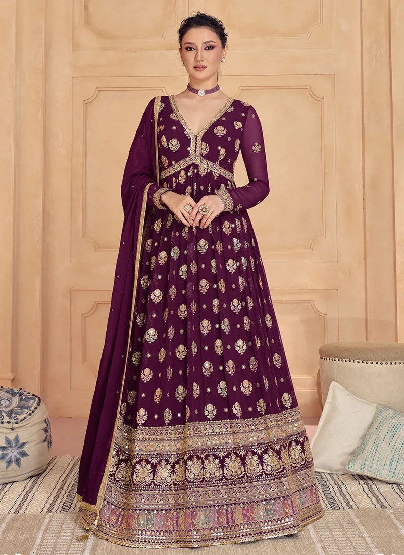 Deep Wine Multi Thread And Sequence Embroidery Anarkali Gown