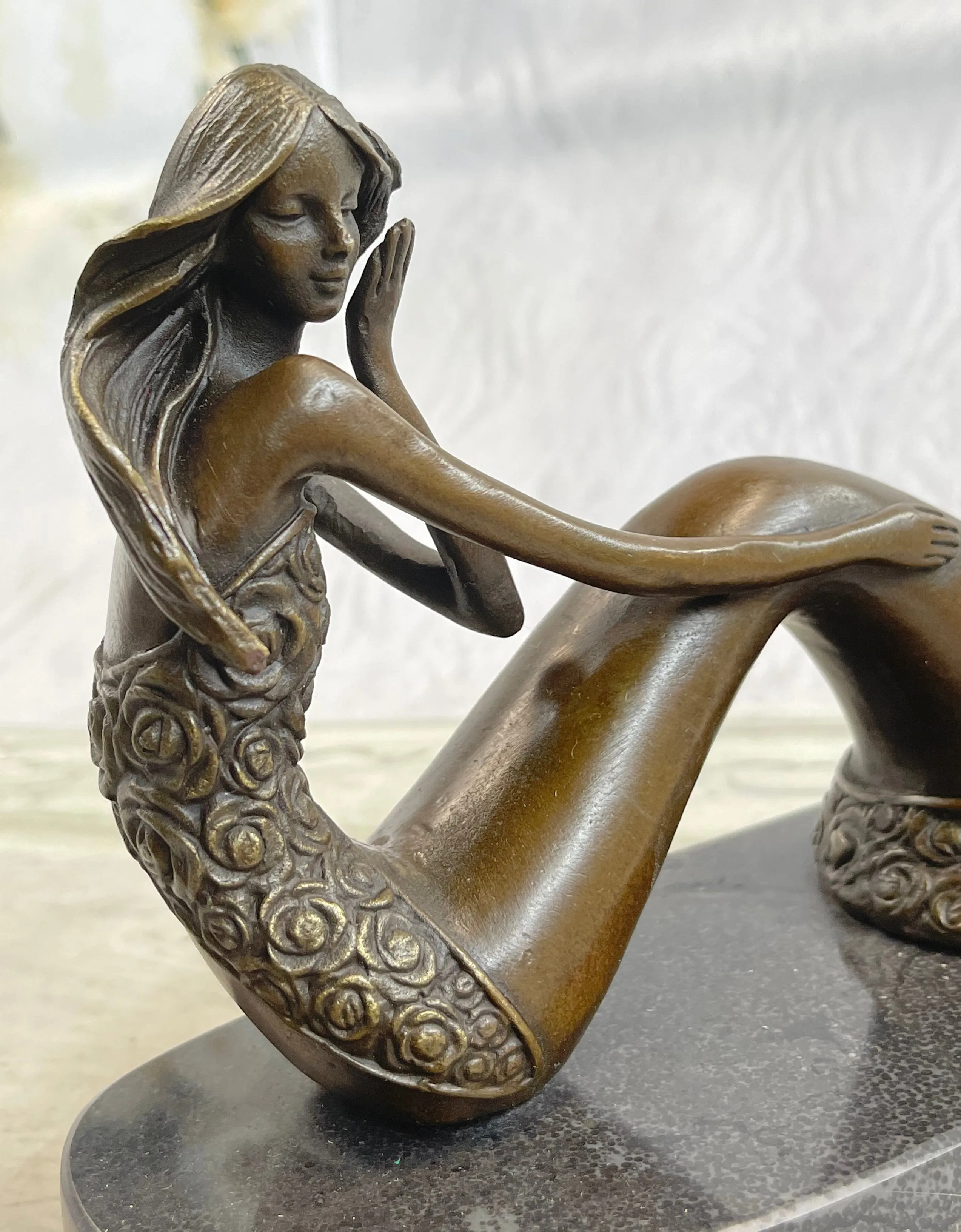 Dreamy Sitting Mermaid Bronze Finish 9.5" Large Sculpture Figure Brown Decorative