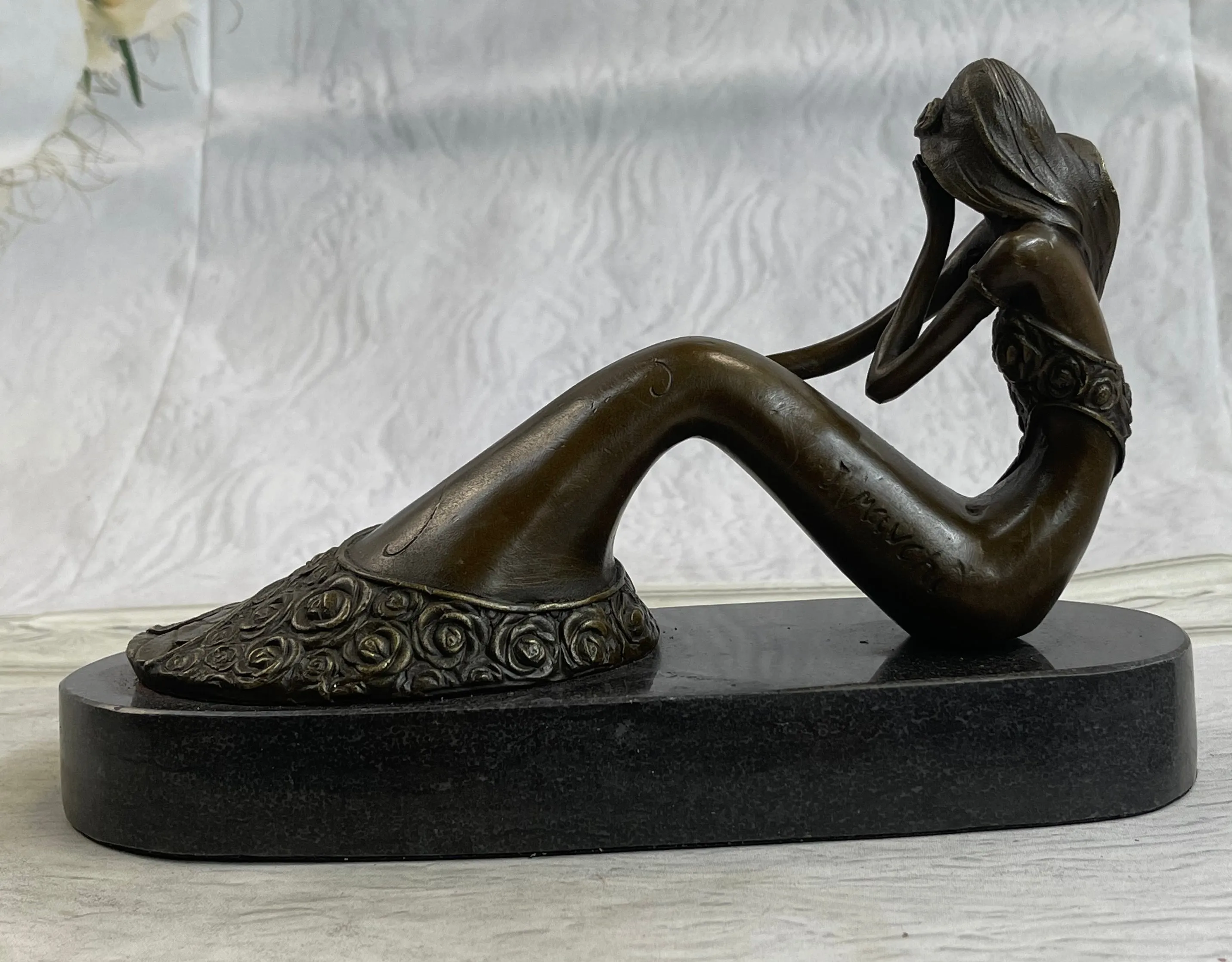 Dreamy Sitting Mermaid Bronze Finish 9.5" Large Sculpture Figure Brown Decorative