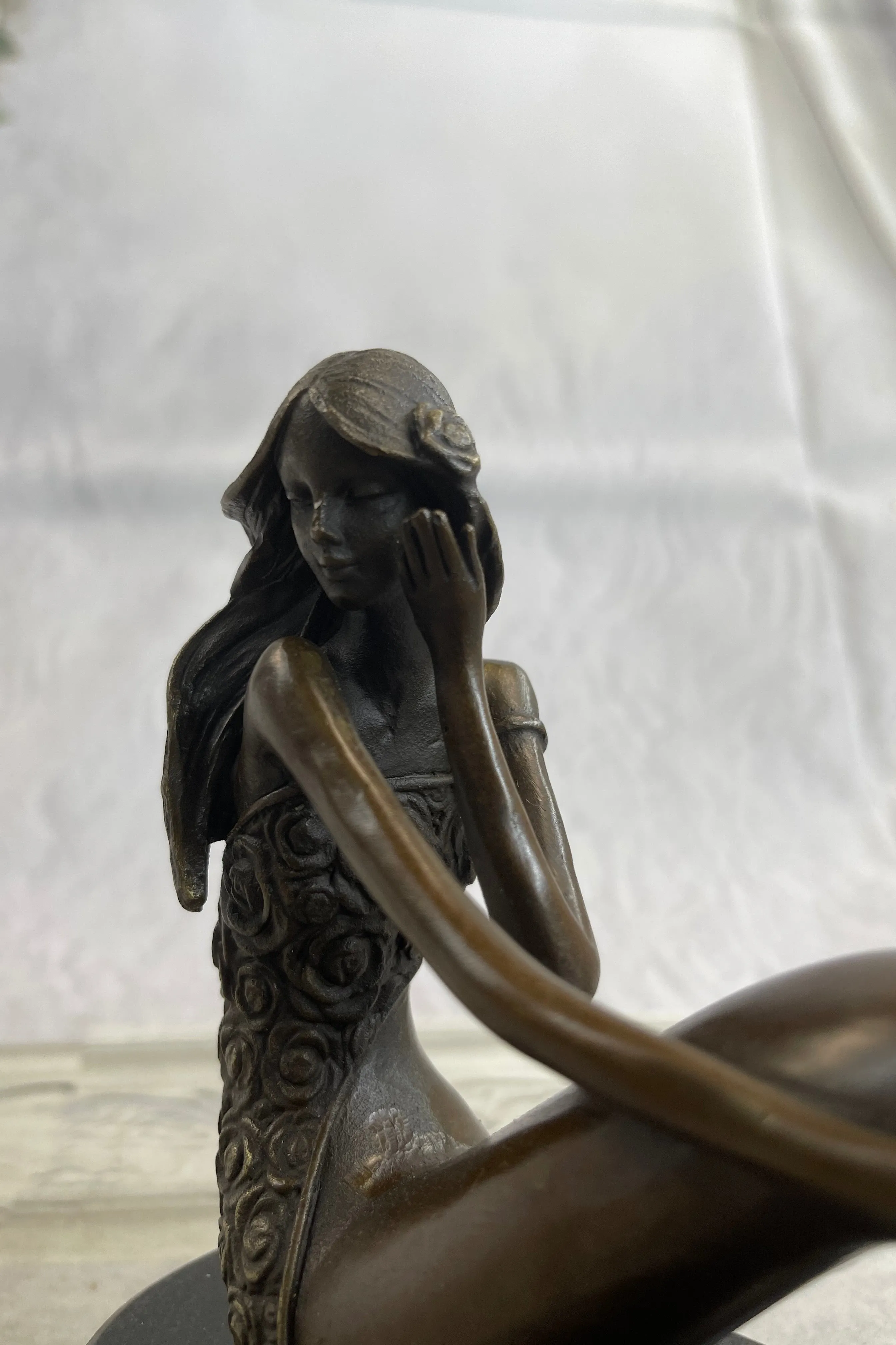 Dreamy Sitting Mermaid Bronze Finish 9.5" Large Sculpture Figure Brown Decorative