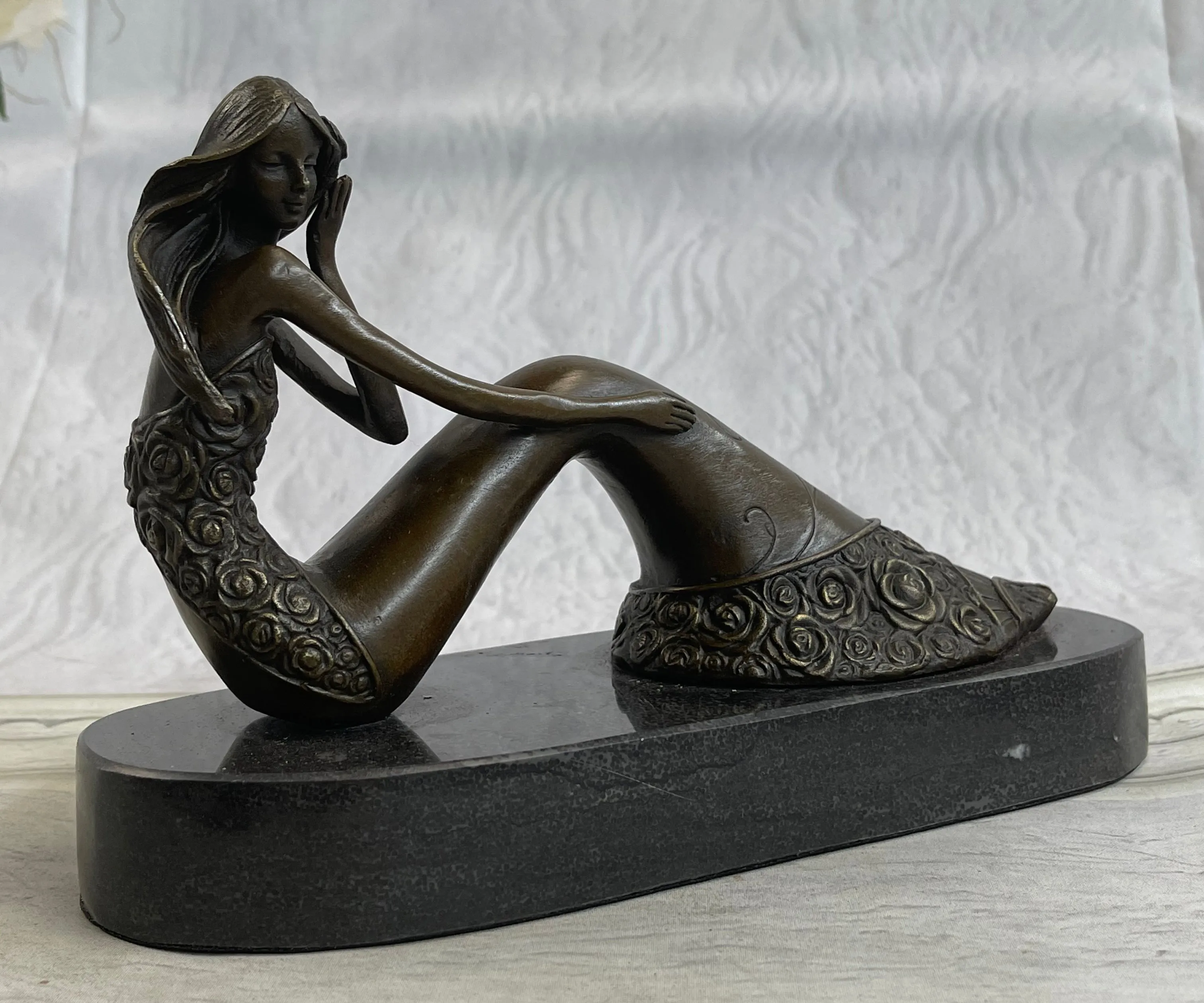 Dreamy Sitting Mermaid Bronze Finish 9.5" Large Sculpture Figure Brown Decorative