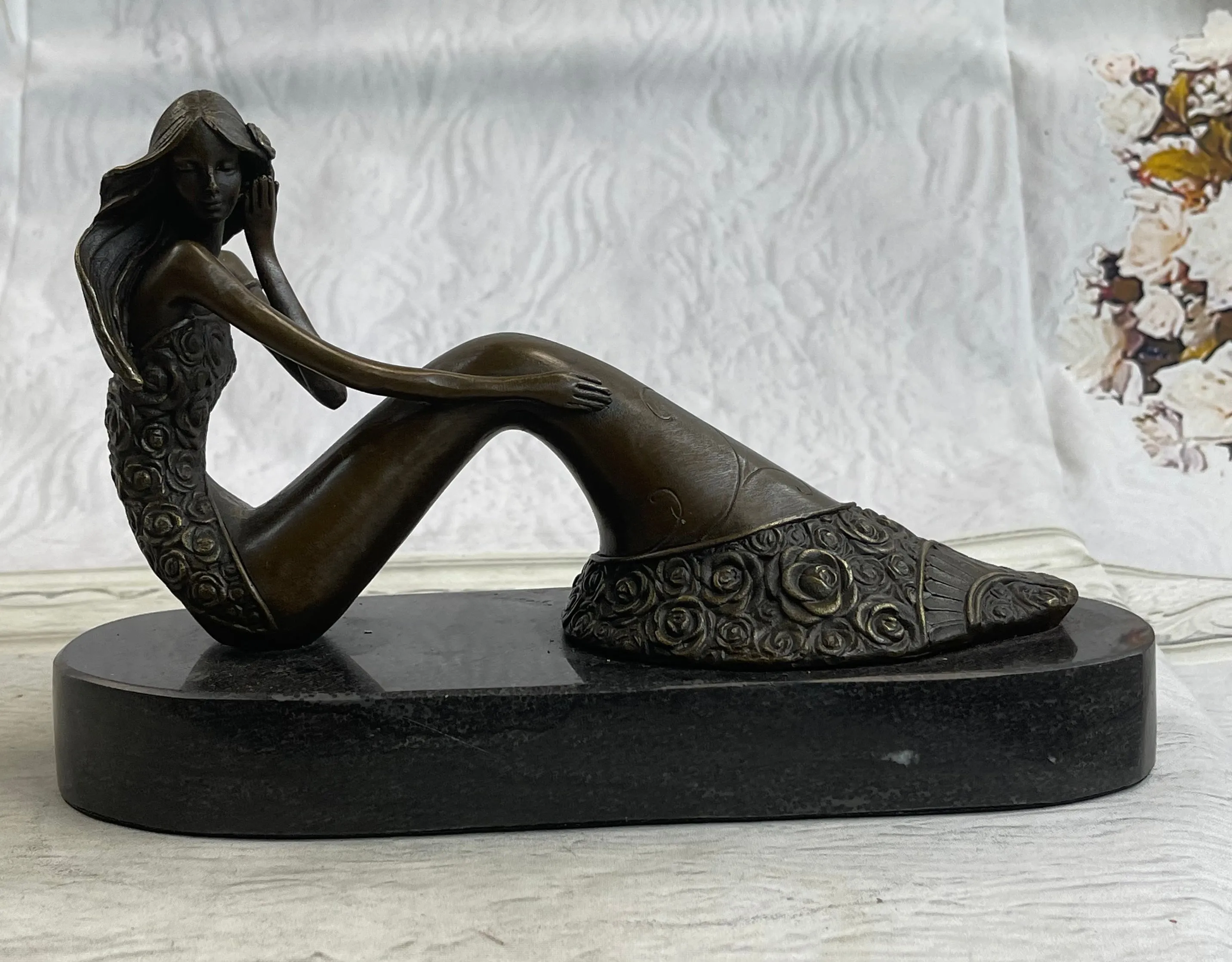 Dreamy Sitting Mermaid Bronze Finish 9.5" Large Sculpture Figure Brown Decorative