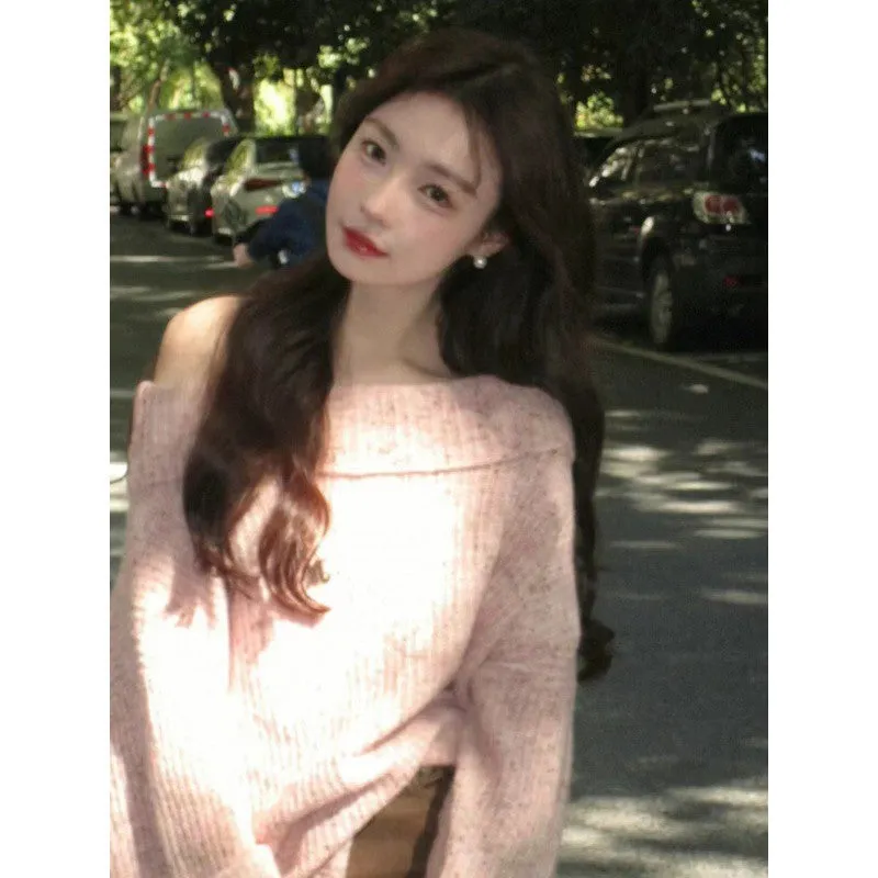 Fashionkova knitted Autumn and Winter New Lazy Style Knitwear Sweater Women's Japanese Retro off-Neck Pink Colorful Dot Top Fashion