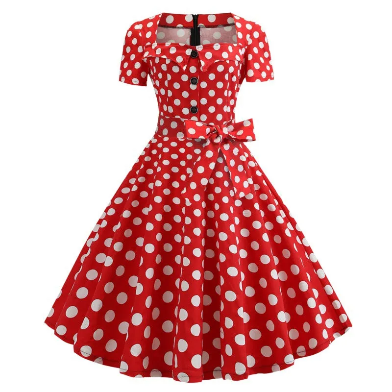 Girlary-shop alien invasion dress to impress Polka Dot Button Square Collar French Temperament Waist-Tight Short Sleeve Large Swing Dress