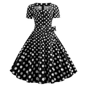 Girlary-shop alien invasion dress to impress Polka Dot Button Square Collar French Temperament Waist-Tight Short Sleeve Large Swing Dress