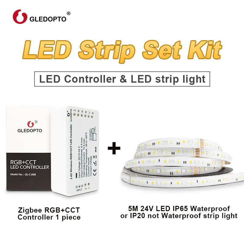 GLEDOPTO zigbeeZLL link smart LED Strip Set Kit rgbcct ZIGBEE controller for dc24vRGB CCT waterproof strip light work with alexa