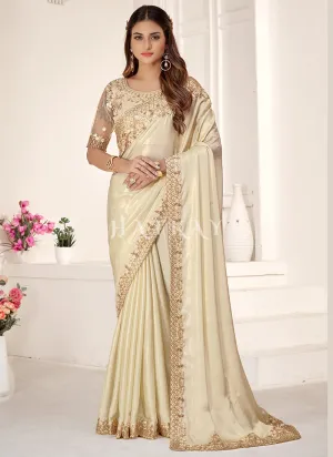 Golden Beige Embroidered Traditional Wedding Saree