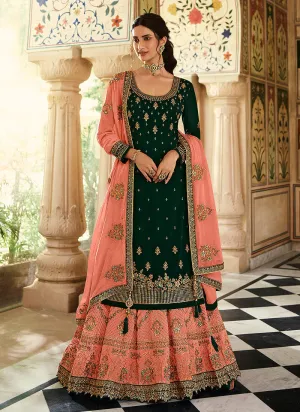 Green And Orange Multi Embroidered Lehenga Suit