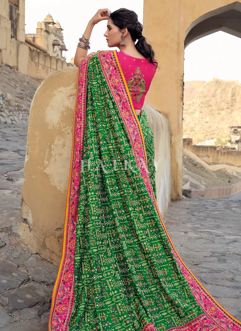 Green And Pink Traditional Embroidered Banarasi Silk Saree