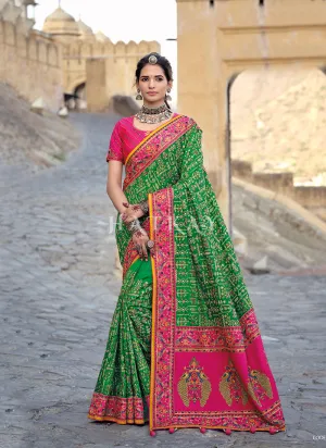 Green And Pink Traditional Embroidered Banarasi Silk Saree