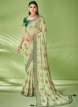 Green Designer Georgette Embroidered Festive Saree