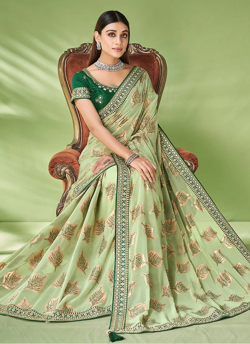 Green Designer Georgette Embroidered Festive Saree