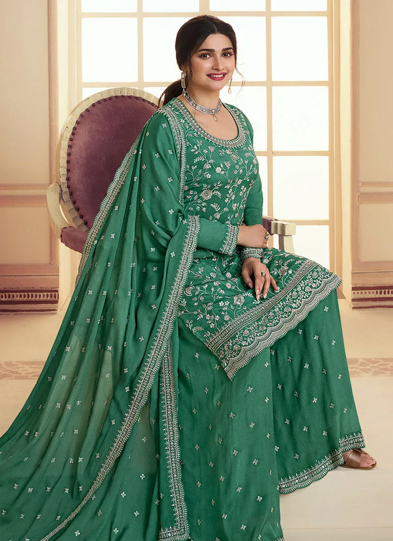 Green Sequence And Thread Embroidery Palazzo Suit