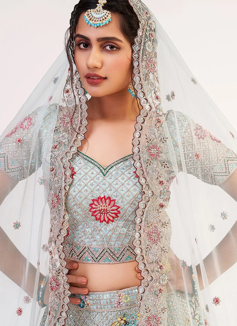 Grey Floral Embroidered Soft Net Wedding Lehenga Choli