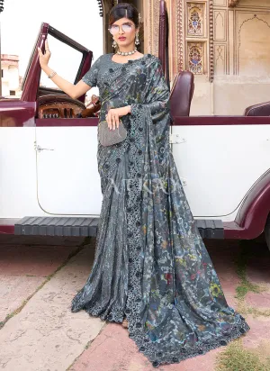 Grey Sequence And Appliqué Embroidery Wedding Saree