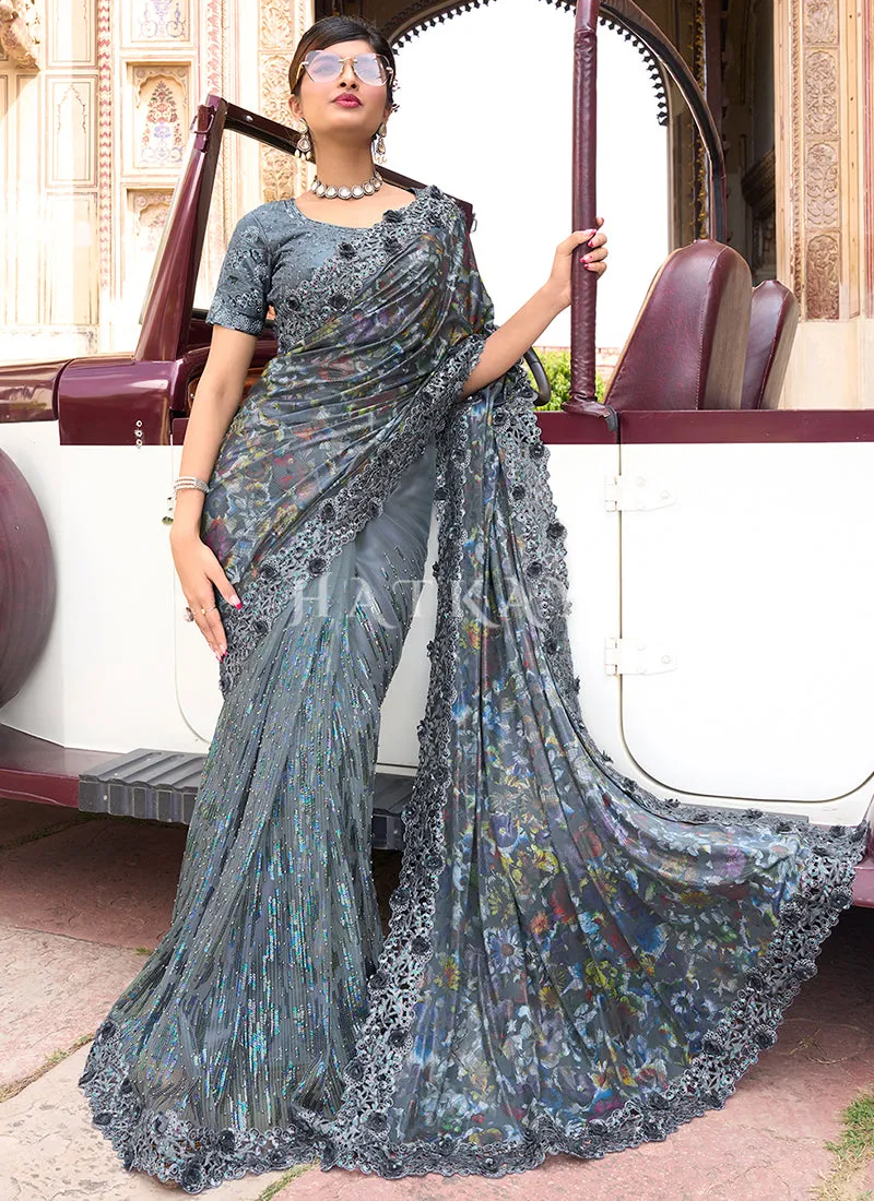 Grey Sequence And Appliqué Embroidery Wedding Saree