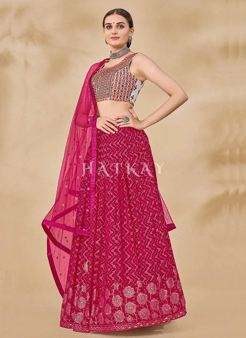 Hot Pink Mirror And Sequence Embroidered Lehenga Choli