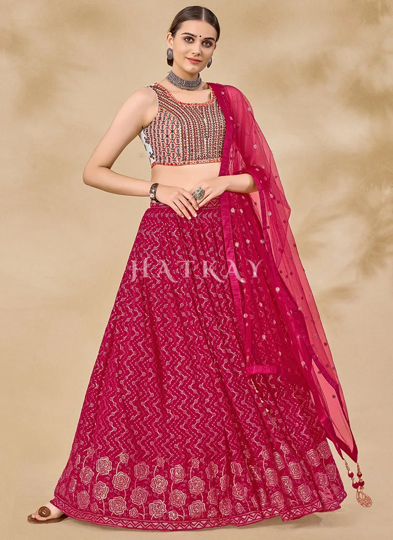 Hot Pink Mirror And Sequence Embroidered Lehenga Choli