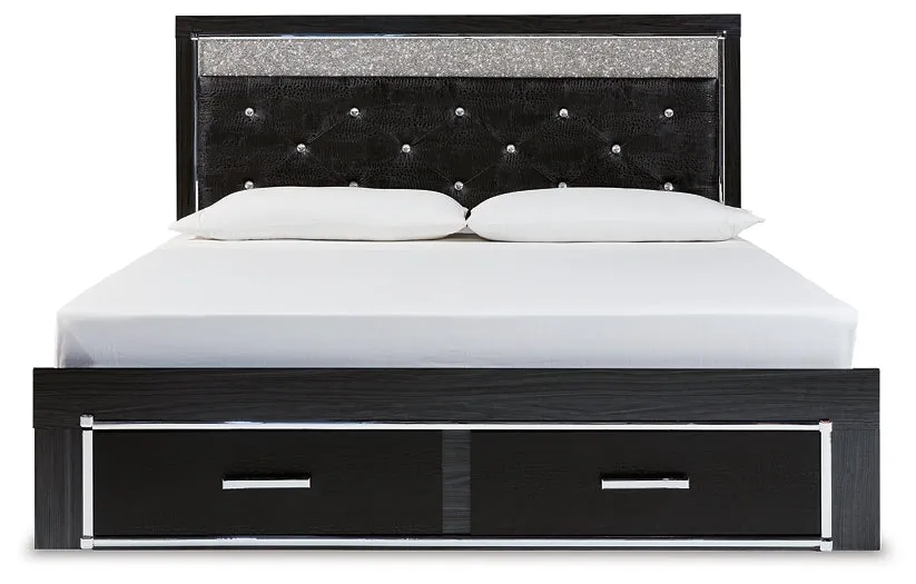 Kaydell King Upholstered Panel Storage Bed with Mirrored Dresser