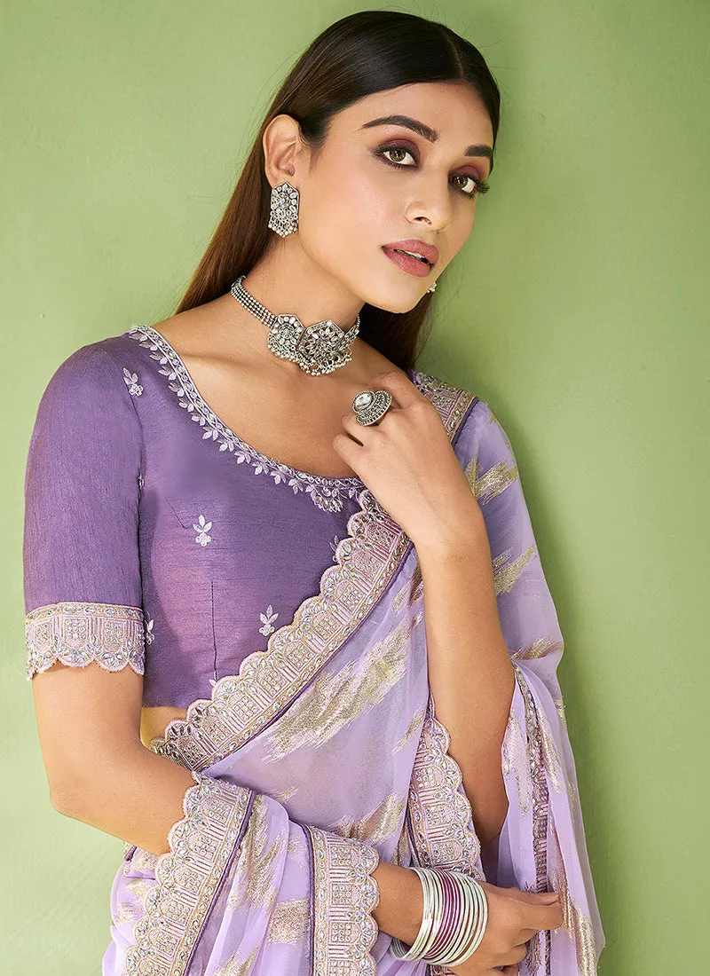 Lavender Designer Georgette Embroidered Festive Saree