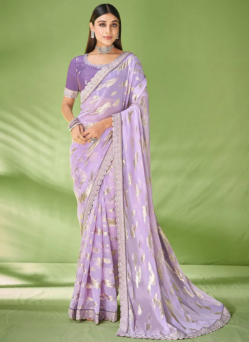 Lavender Designer Georgette Embroidered Festive Saree