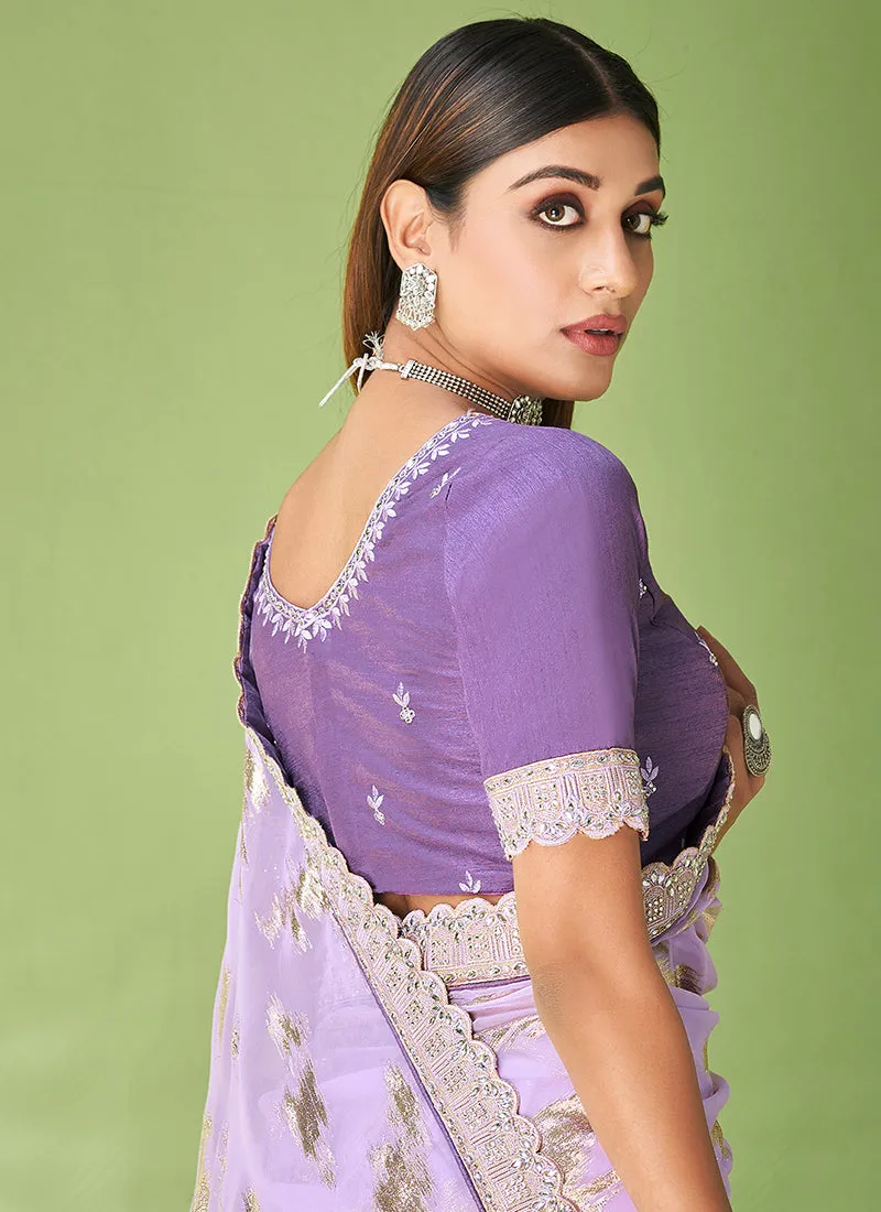 Lavender Designer Georgette Embroidered Festive Saree