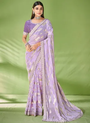 Lavender Designer Georgette Embroidered Festive Saree