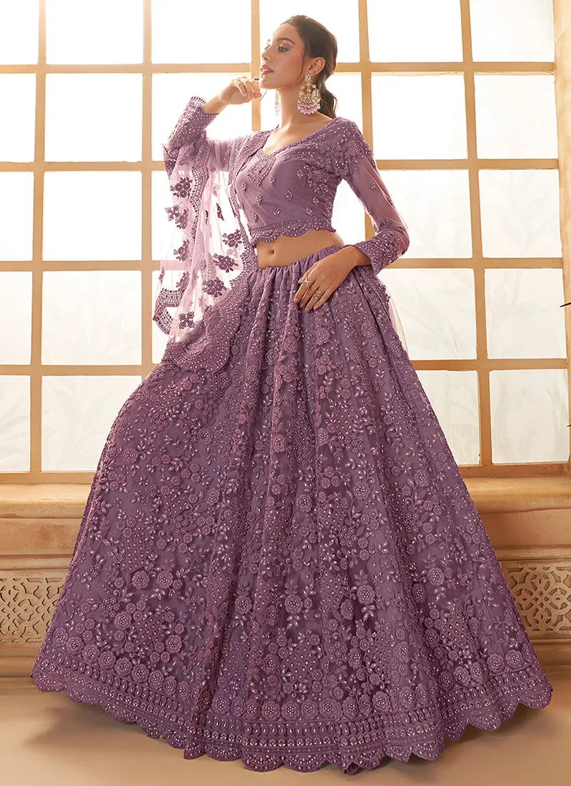 Lavender Ombré Thread Embroidery Lehenga Choli With Dupatta