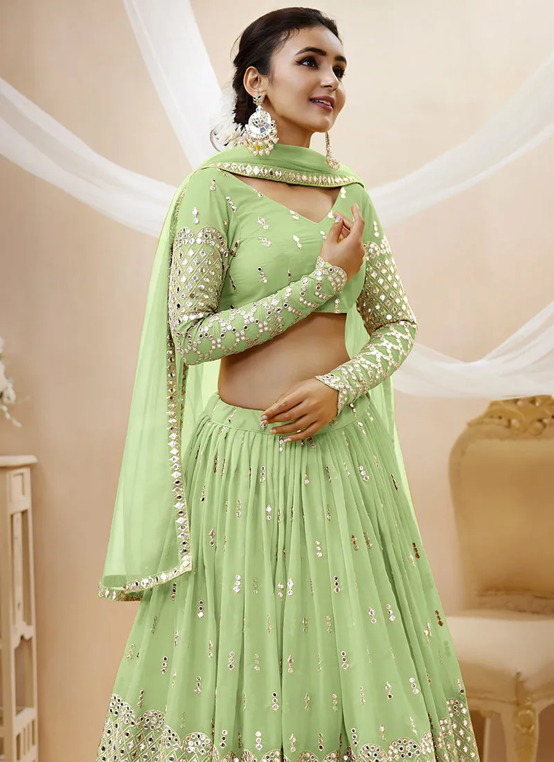 Light Green Mirror Work Embroidery Wedding Lehenga Choli