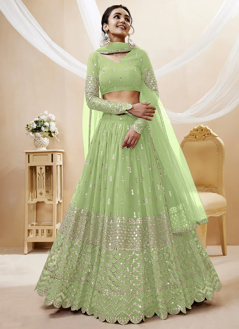 Light Green Mirror Work Embroidery Wedding Lehenga Choli