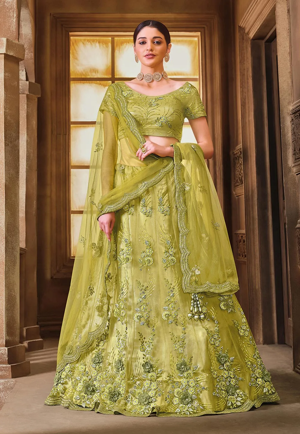 Lime Green Embroidered Lehenga Choli