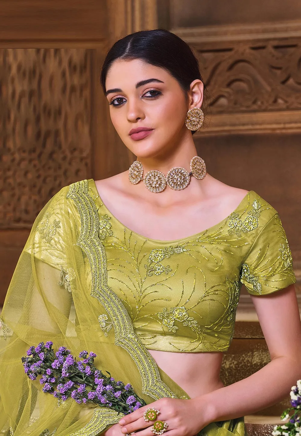 Lime Green Embroidered Lehenga Choli