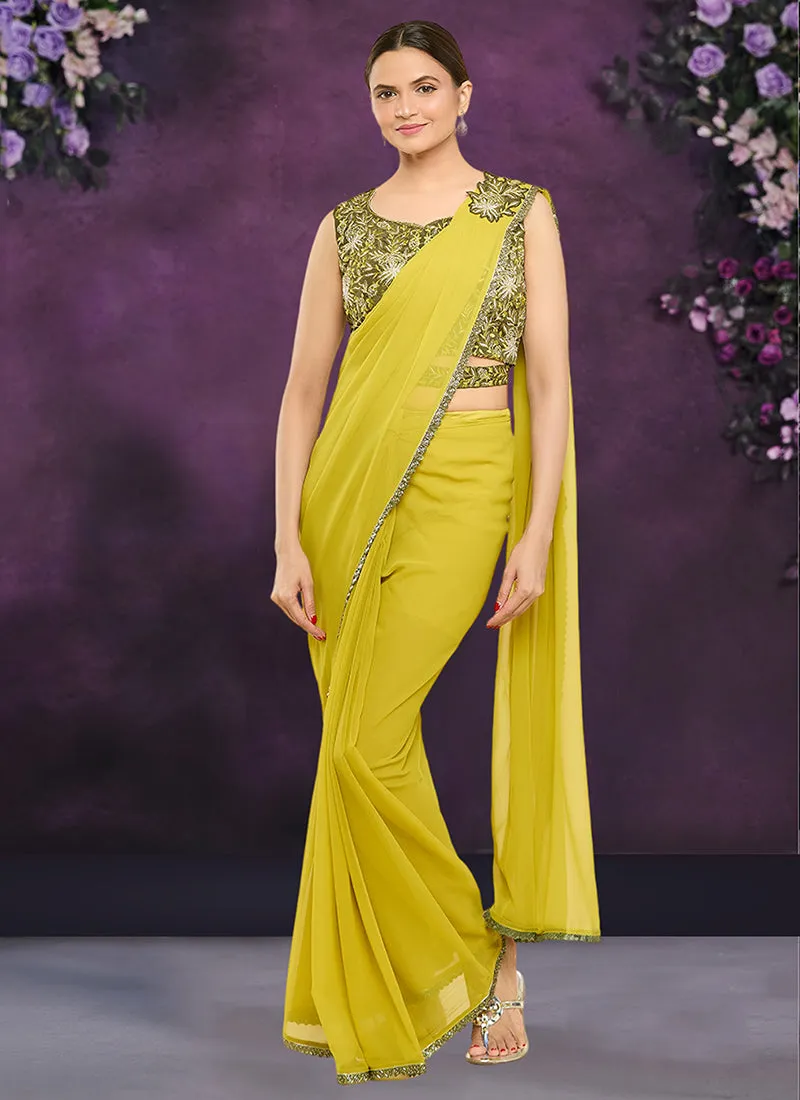 Lime Green Sequence And Appliqué Embroidery Wedding Saree