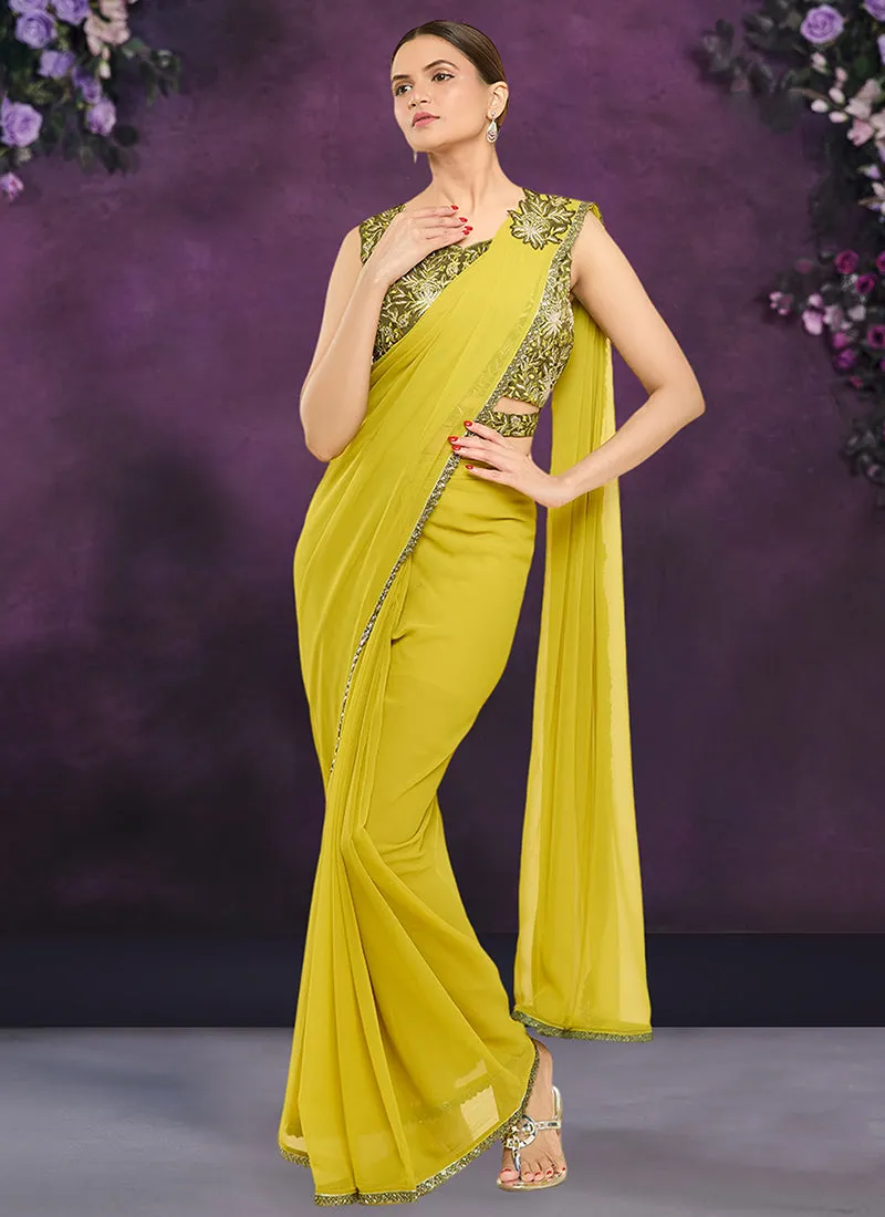 Lime Green Sequence And Appliqué Embroidery Wedding Saree