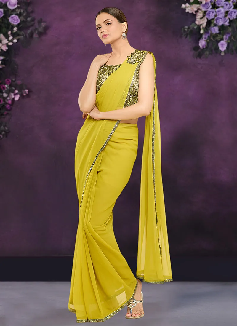 Lime Green Sequence And Appliqué Embroidery Wedding Saree