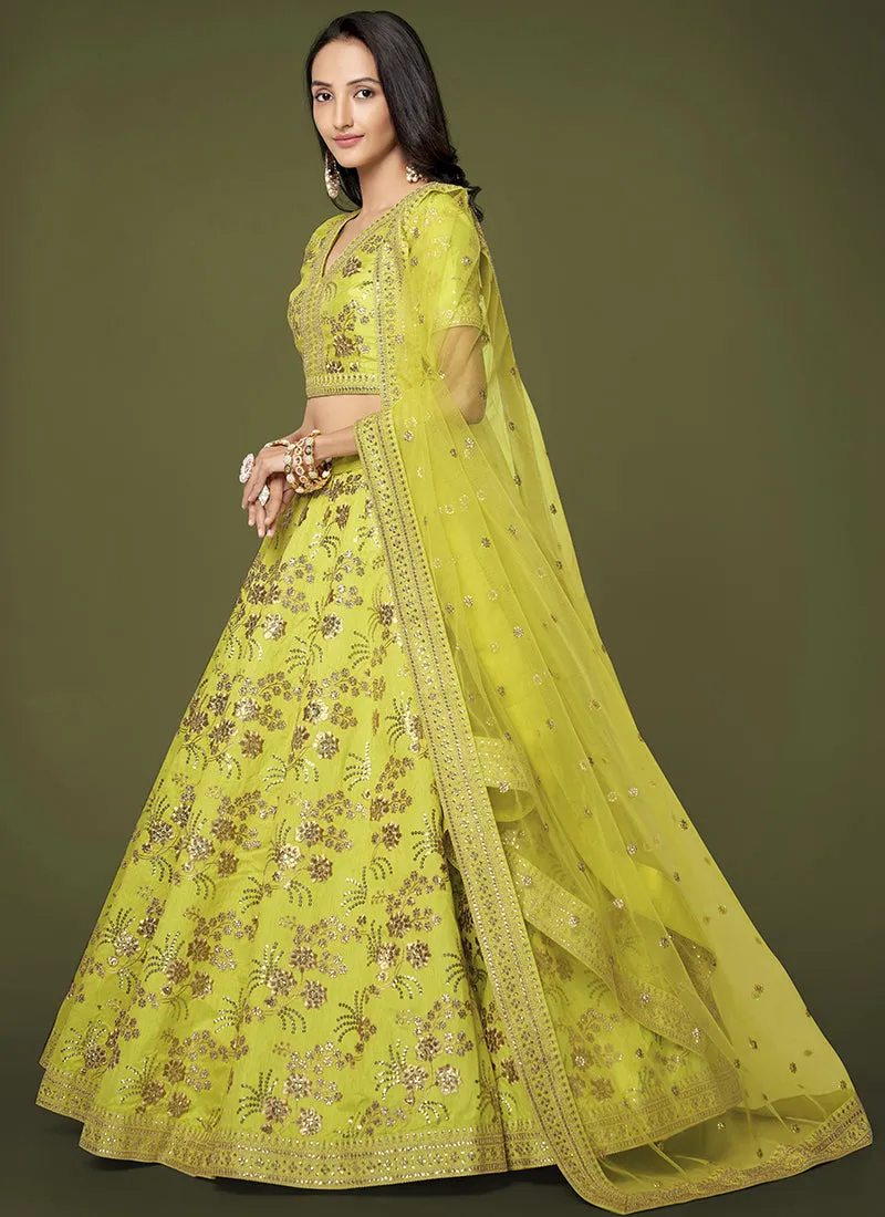 Lime Green Sequence Embroidery Festive Lehenga Choli