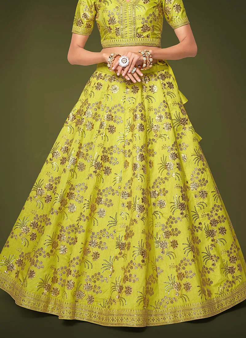 Lime Green Sequence Embroidery Festive Lehenga Choli