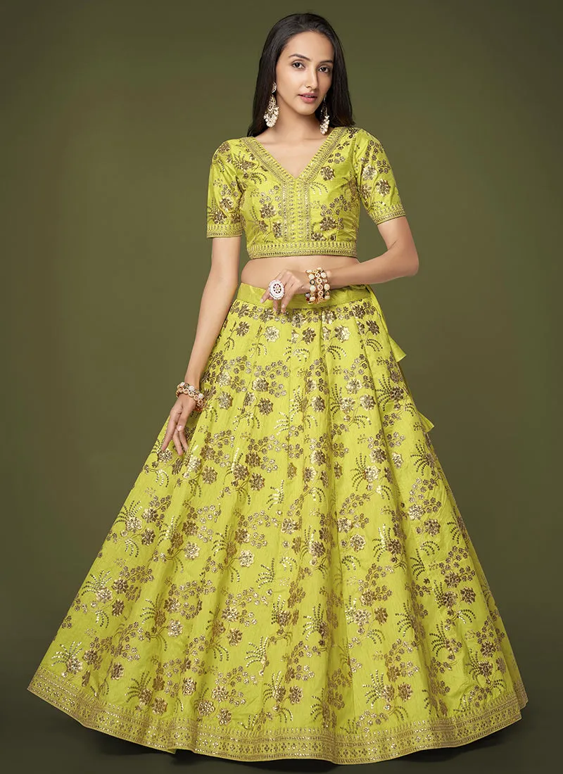 Lime Green Sequence Embroidery Festive Lehenga Choli