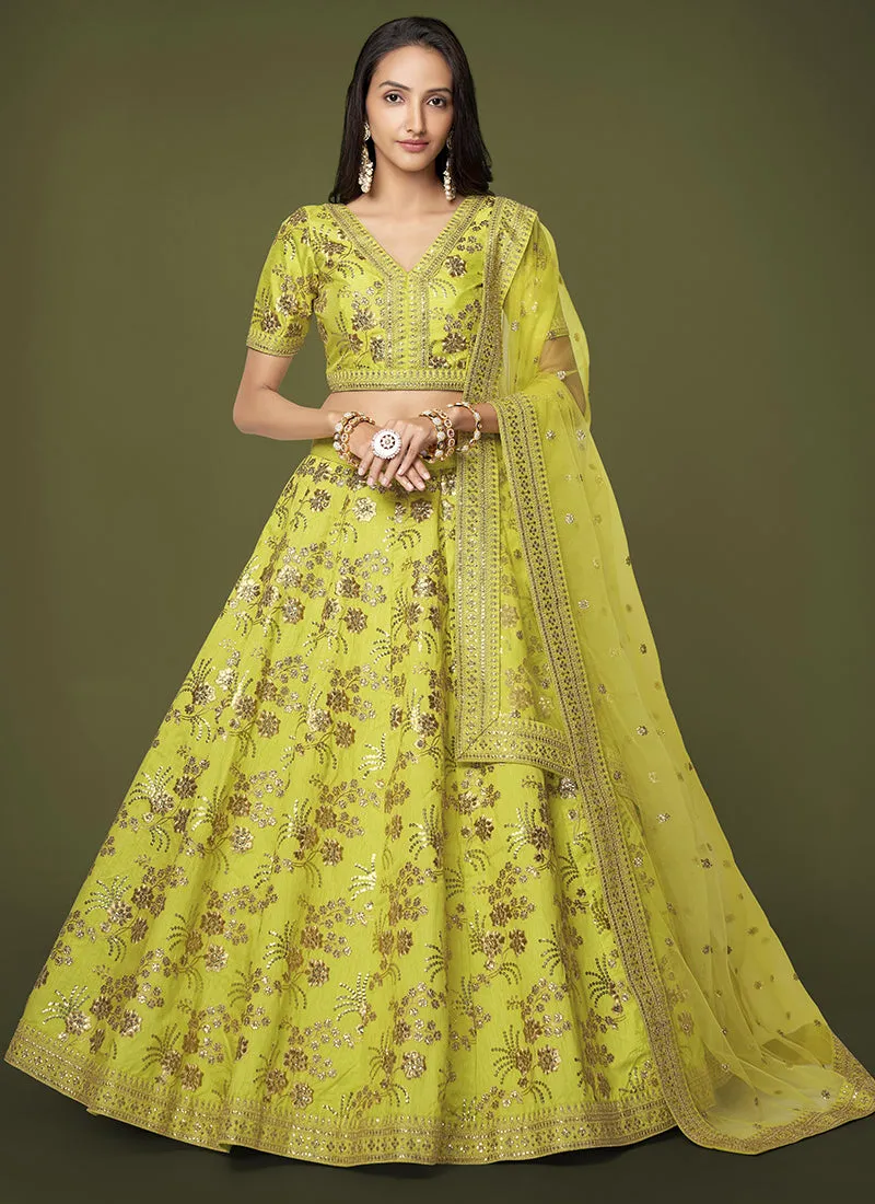 Lime Green Sequence Embroidery Festive Lehenga Choli