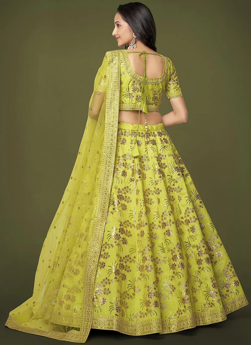 Lime Green Sequence Embroidery Festive Lehenga Choli