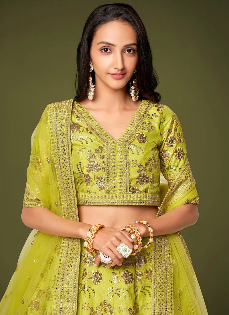 Lime Green Sequence Embroidery Festive Lehenga Choli