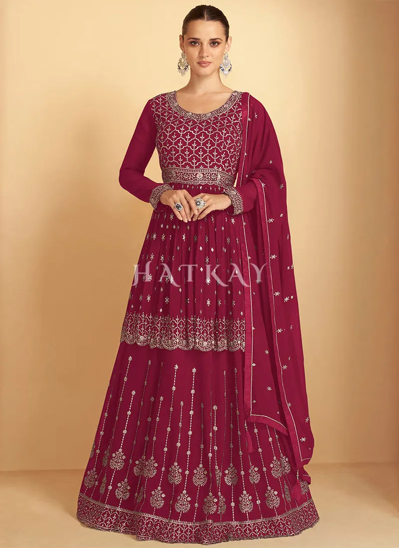 Magenta Embroidered Peplum Style Lehenga Kurti